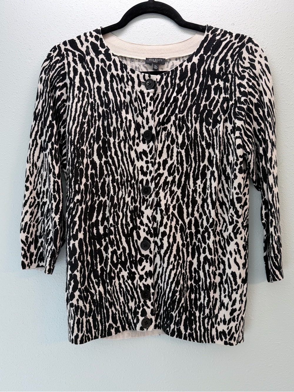 Talbots Black and Cream Animal-Print Button Front Cardigan MP 3/4 sleeves